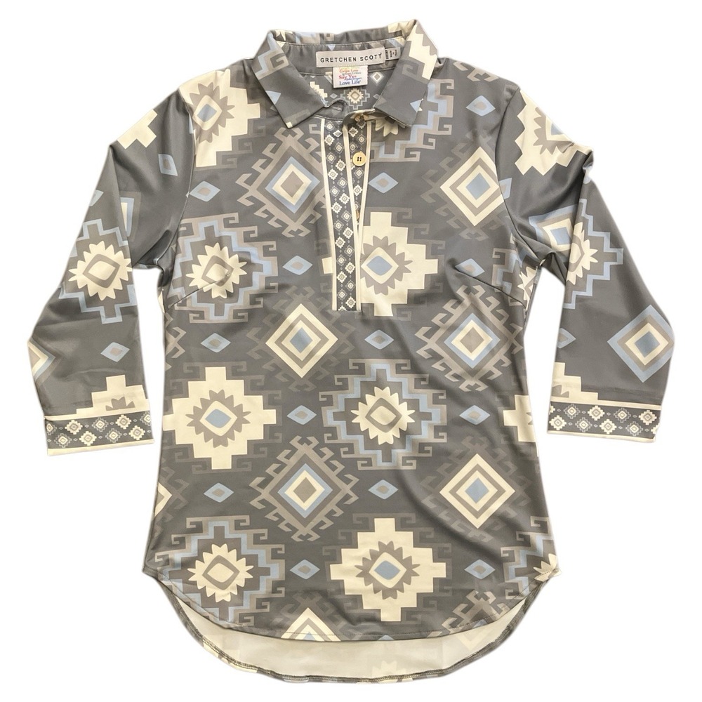 Gretchen Scott Women's Shrimp XXS Gray Print Collared‎ Button Tunic Top Blouse